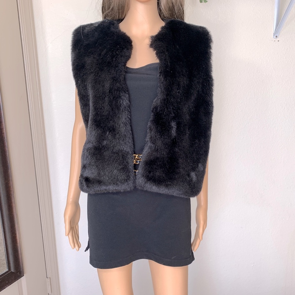 90s Faux Fur Black Vest XOXO Vintage Black Vest for Women, Cropped Vest